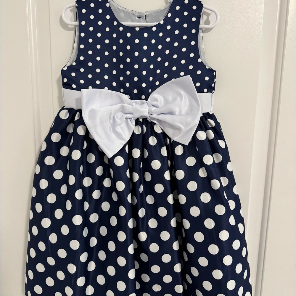 Navy Polka Dot Dress with White Bow